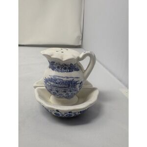 Vintage Blue White Salt & Pepper wash bowl Shakers Ironstone Transferware stacke